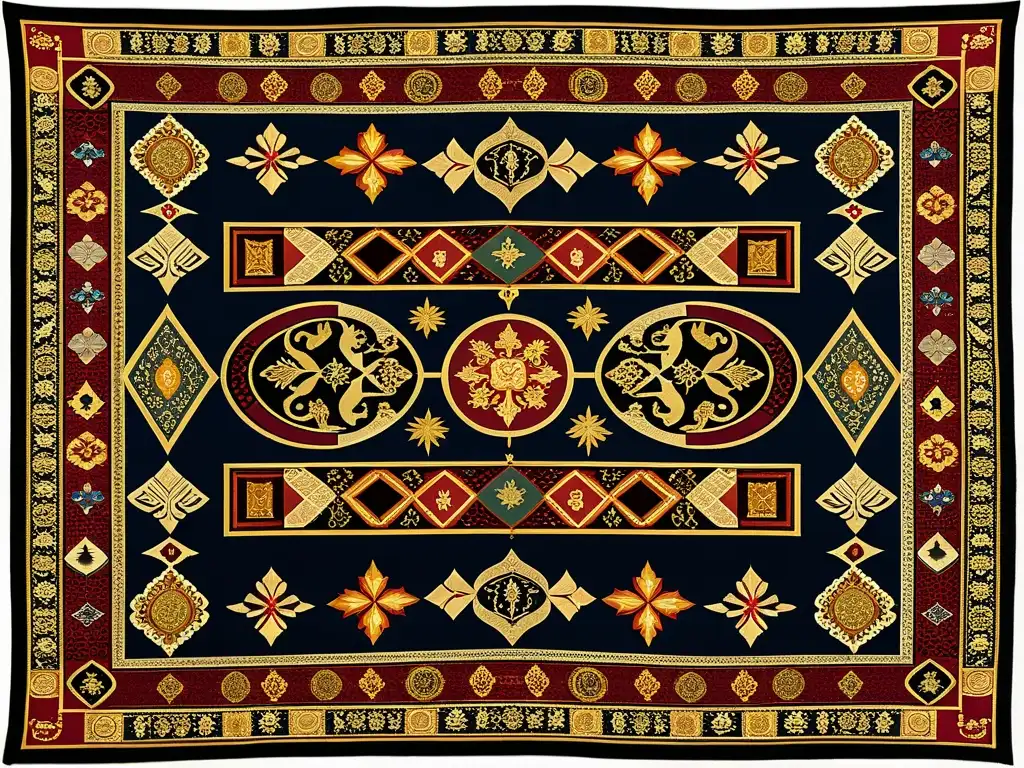 Tapestry renacentista detallada en tonos terrosos Tapiz renacentista detallado con simbolismo, patrones y arte en tonos terrosos y diseños florales y geométricos elaborados