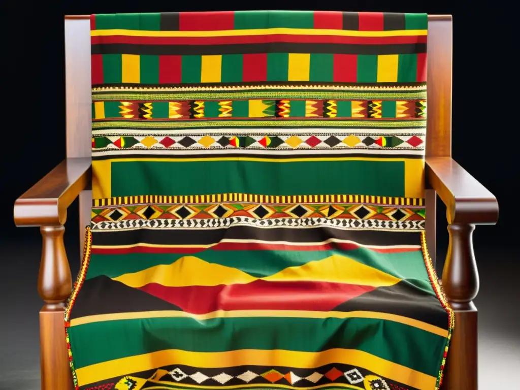 Un tapiz Kente con colores vibrantes y patrones geométricos, simbolizando la realeza y significado cultural africano