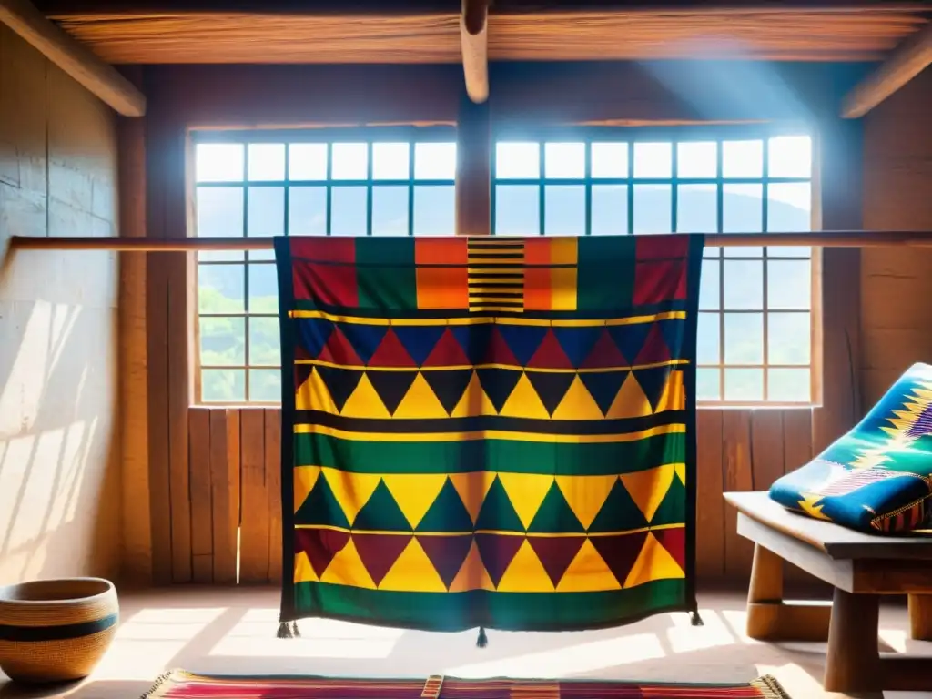 Un tapiz Kente de Ghana se exhibe en un taller tradicional, con colores vibrantes y patrones geométricos