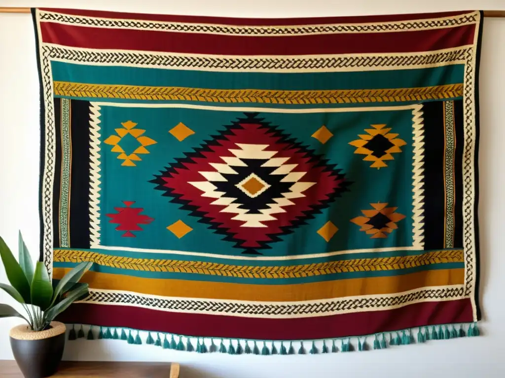 Tapiz tunecino artesanal con patrón geométrico Un tapiz tradicional tunecino tejido con maestría exhibido en tonos vibrantes y terrosos