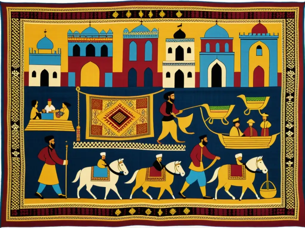 Exquisita tapicería tunecina: mercado vibrante Un tapiz tradicional tunecino tejido con exquisito detalle, reflejando la vida en un bullicioso mercado