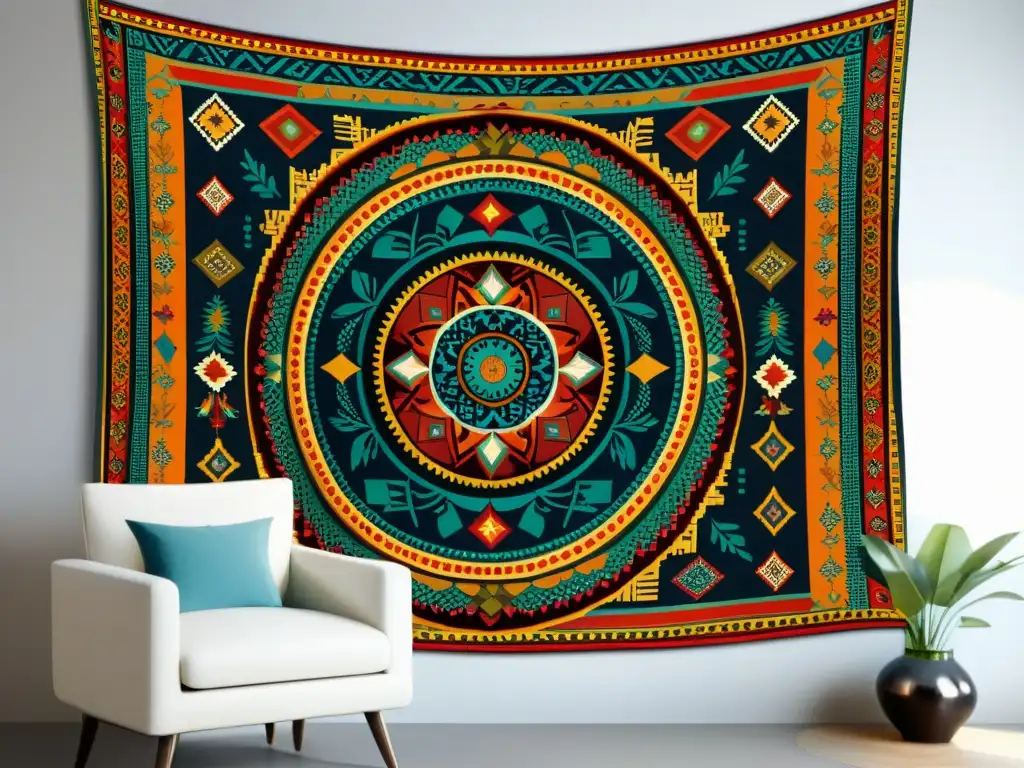 Tapiz vintage con patrones artísticos de culturas del mundo entrelazados en vibrantes colores y diseños geométricos