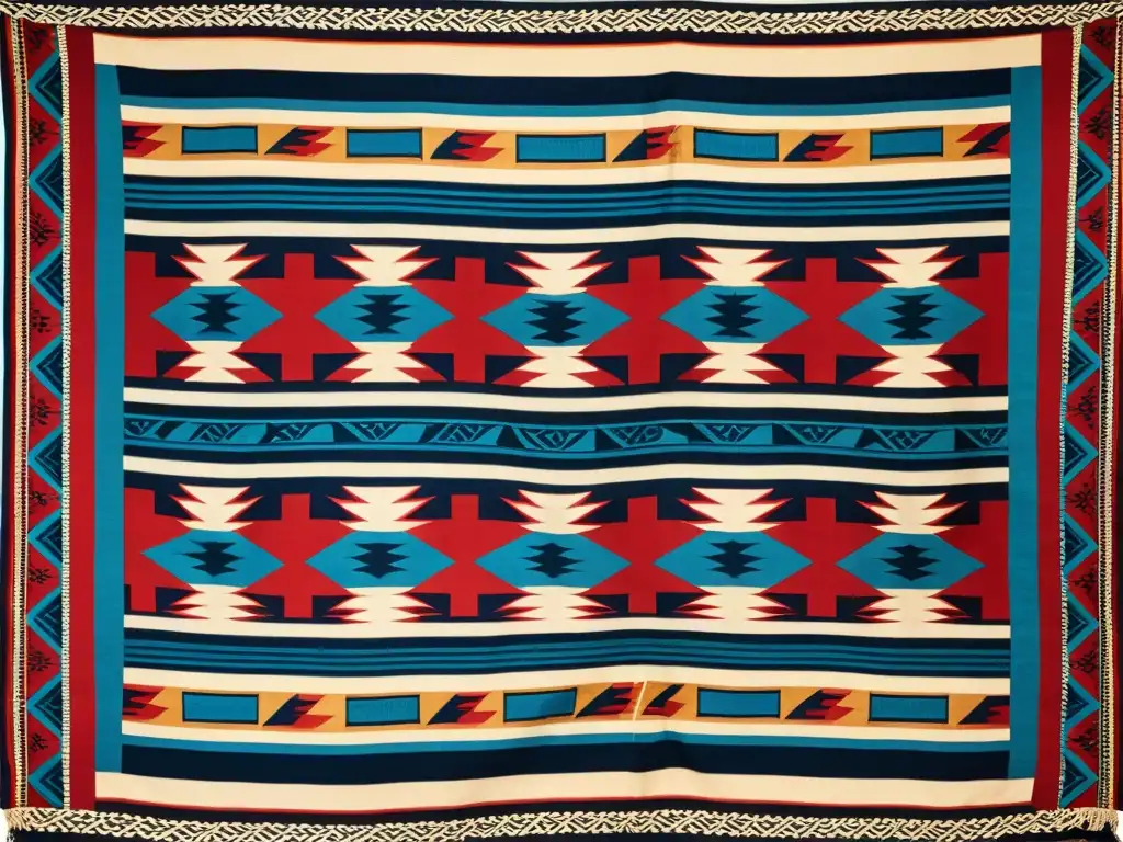 Un tapiz vintage con patrones aztecas en rojo, azul y dorado