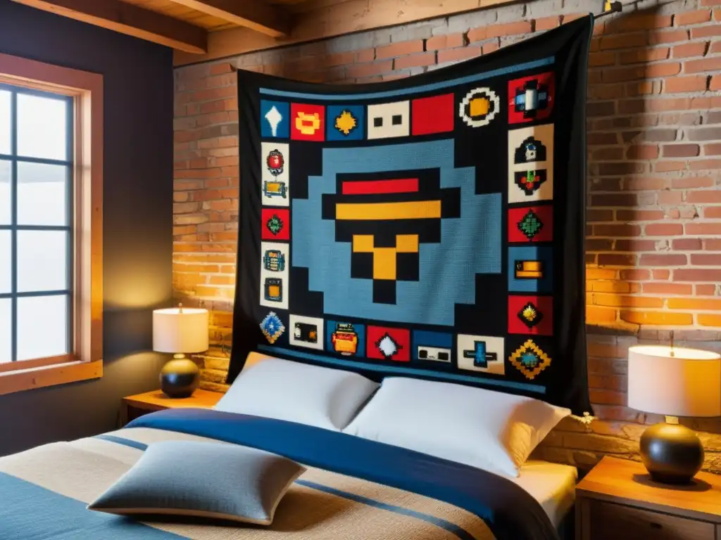 Tapiz vintage con iconos pop Tapiz vintage con patrones tradicionales y cultura pop digitalizada, iluminado por la suave luz del sol en la pared de ladrillo