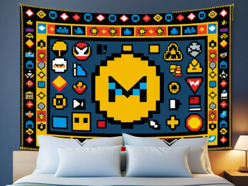 Tapestry: Fusión vibrante de cultura tradicional y pop digital Tapiz vintage con patrones tradicionales y cultura pop digitalizada en vibrantes colores fusionados