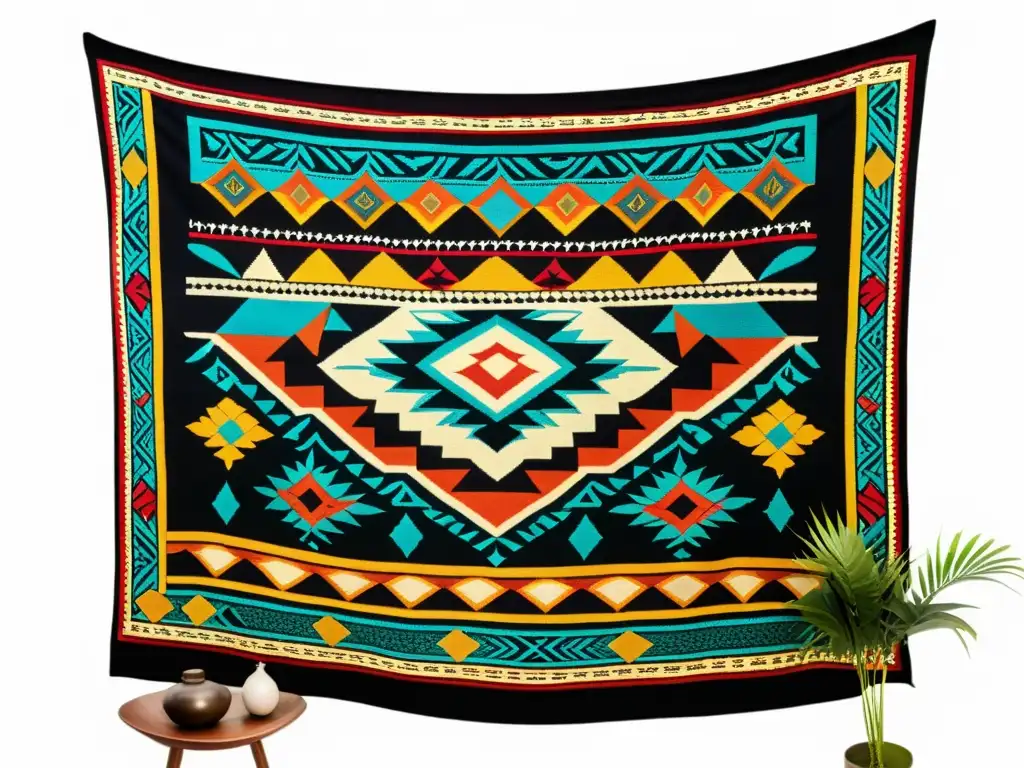 Un tapiz vintage con vibrantes patrones indígenas y motivos tradicionales que reflejan la rica herencia cultural y tradiciones artísticas