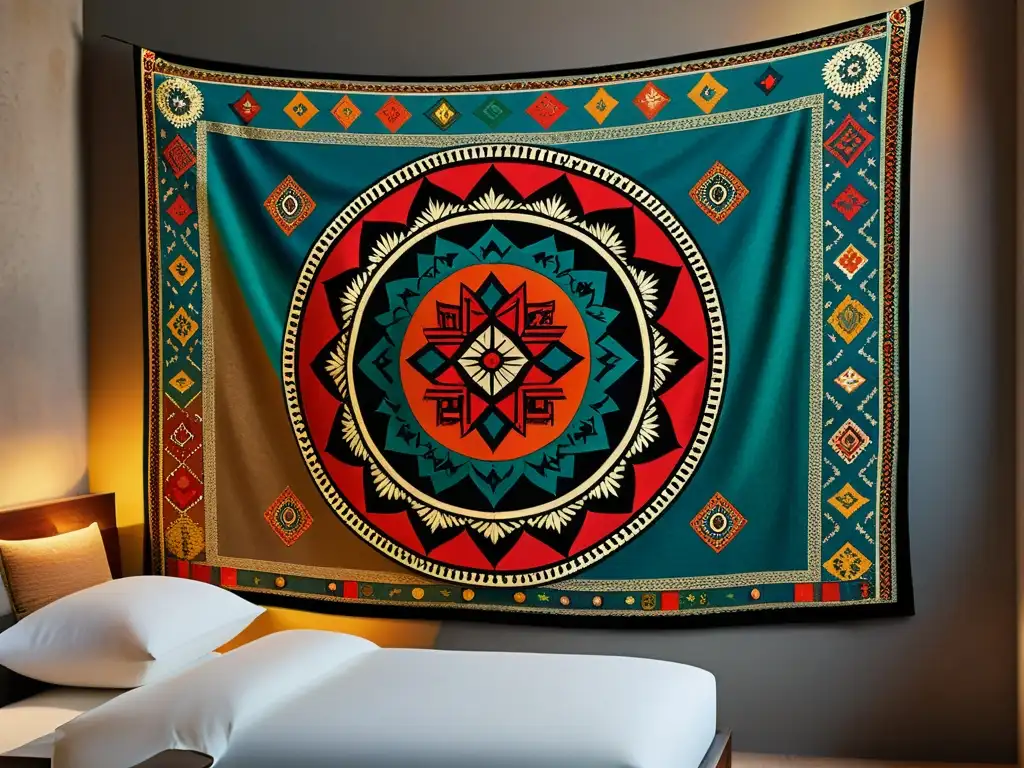 Un tapiz vintage con vibrantes patrones artísticos en intercambios culturales, exhibido en una pared de piedra envejecida