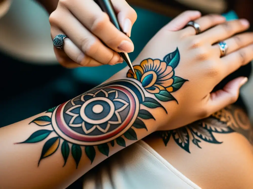 Un tatuador crea un diseño de tatuajes culturales personalizados con aguja tradicional en piel, rodeado de símbolos culturales