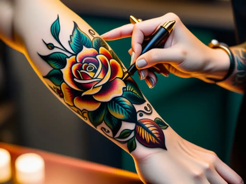 Un tatuador experto crea un intrincado diseño floral en el antebrazo de su cliente en un estudio vintage