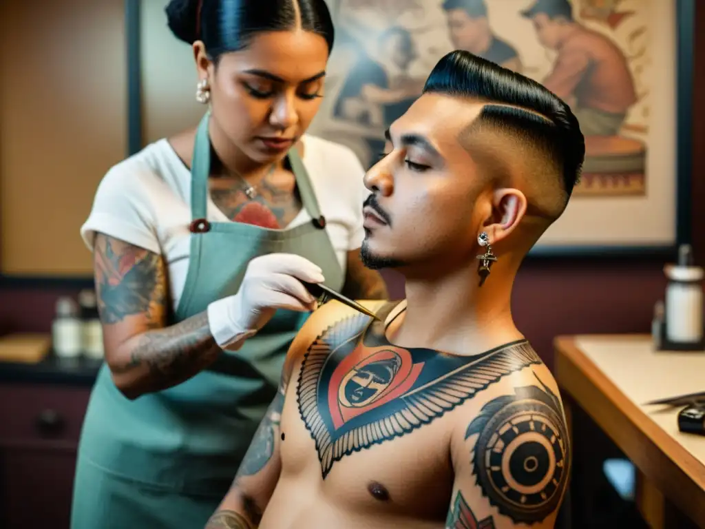 Un tatuador diseña un tatuaje cultural con una máquina vintage, evocando nostalgia y arte