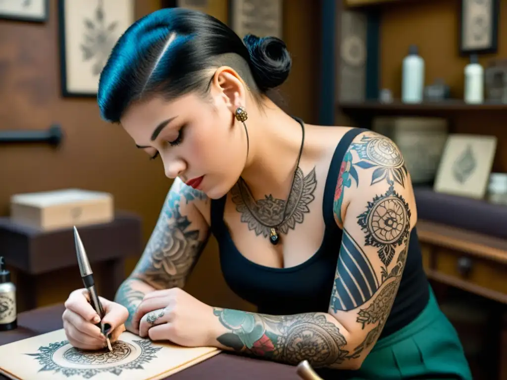 Un tatuador vintage esmeradamente delineando patrones artísticos tatuajes colección celebración en la piel, en un estudio nostálgico y evocador