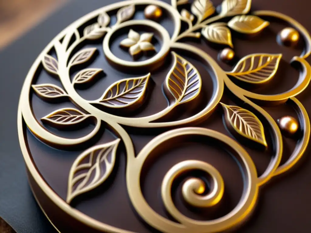 Un tatuaje de chocolate con patrones intrincados de cacao y oro, una obra de arte en chocolate