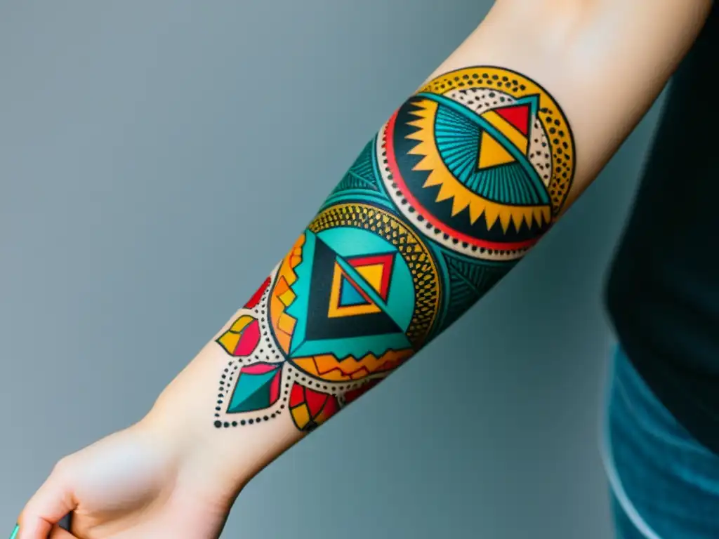 Un tatuaje temporal con patrones geométricos detallados y colores vibrantes, aplicado en un antebrazo, evocando elegancia vintage