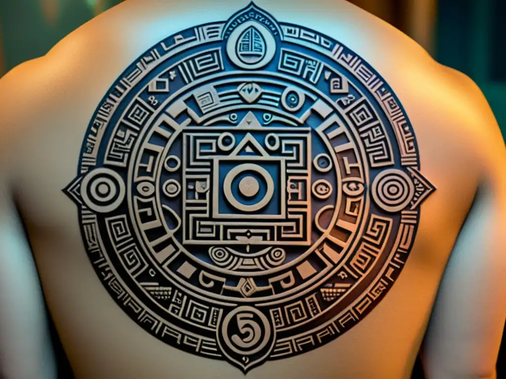 Un tatuaje tradicional con patrones milenarios de la cultura maya, detallado y simbólico