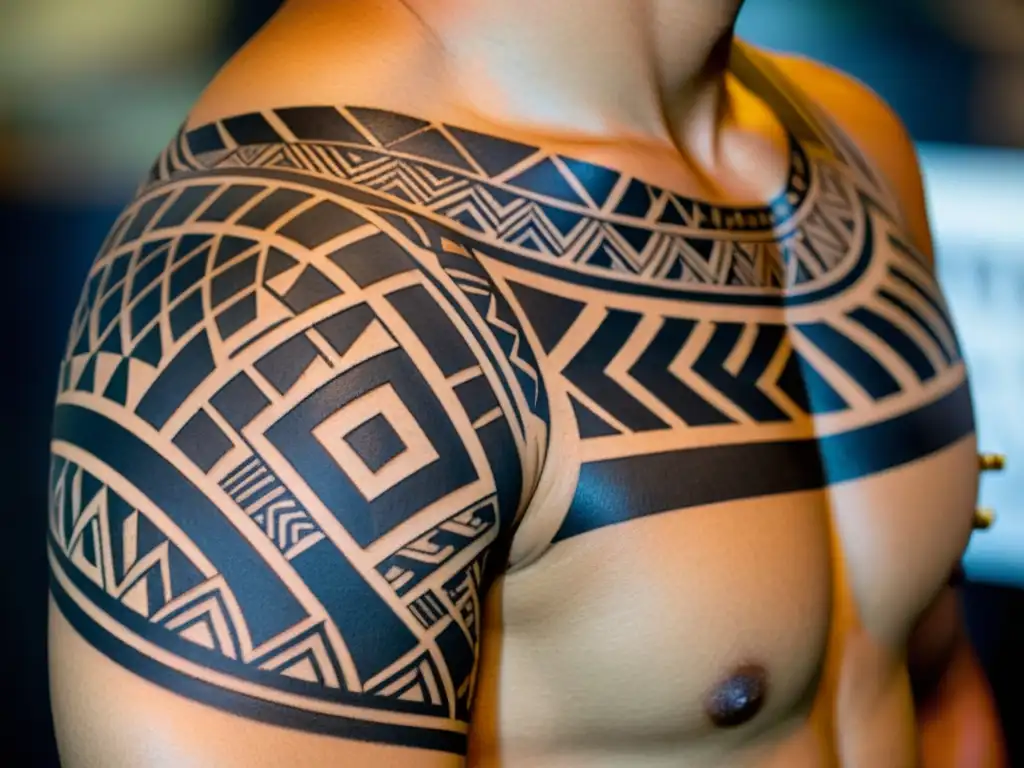 Tatuaje tribal polinesio: símbolos y precisión Un tatuaje tribal polinesio en el brazo, con patrones geométricos e intrincados símbolos en tinta negra