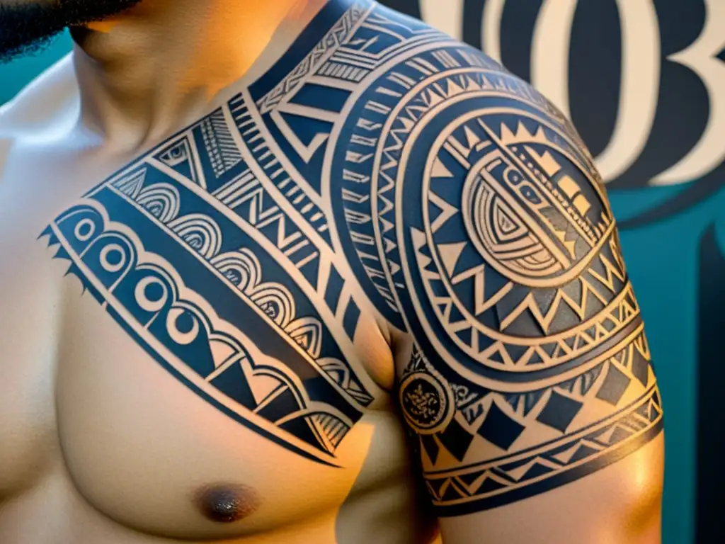 Tatuaje tribal polinesio: intrincados diseños en el brazo Un tatuaje tribal polinesio detallado con motivos tradicionales como puntas de lanza, olas del océano y caparazones de tortuga