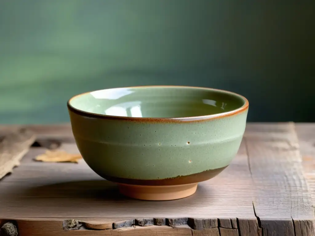 Una taza de té de cerámica japonesa con acabado en verde musgo desgastado, sobre superficie de madera rústica