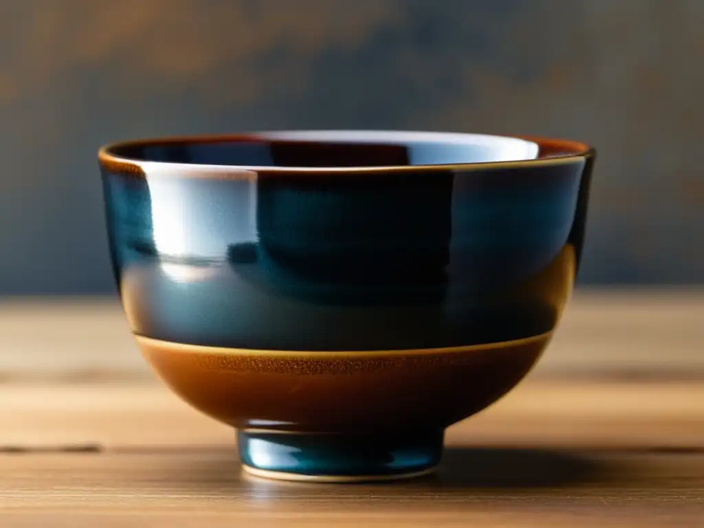 Una taza de té cerámica tenmoku japonesa con brillo metálico en tonos negros y marrones, iluminada por luz natural suave, evocando elegancia atemporal