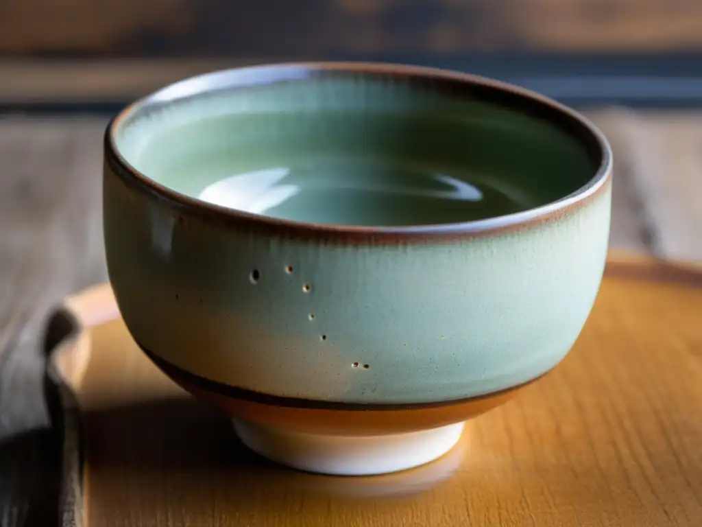 Una taza de té japonesa artesanal desgastada, exhibiendo la esencia del Wabi Sabi en la cerámica japonesa