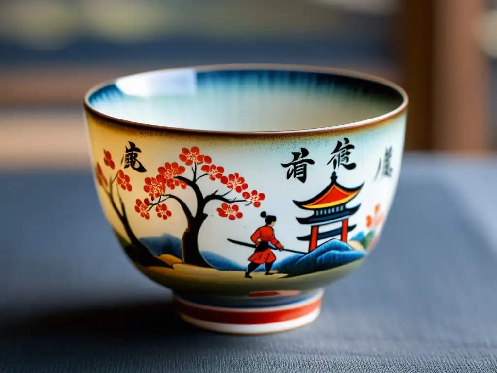 Una taza feudal japonesa bellamente pintada a mano con motivos de cerezos y samuráis, capturando la esencia del arte y la cerámica feudal de Japón