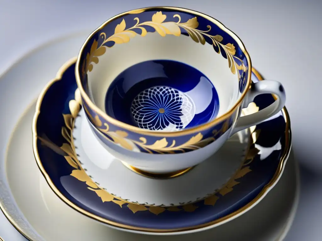 Una taza de porcelana antigua con patrones artísticos en azul cobalto y oro, evocando elegancia y sofisticación atemporal