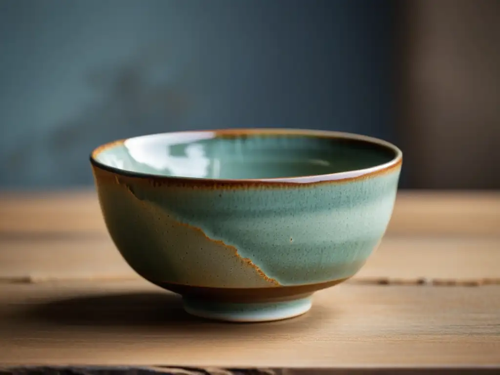 Una taza de té japonesa de cerámica, con textura terrosa y aspecto envejecido, reflejando la esencia del Wabi Sabi en la cerámica japonesa