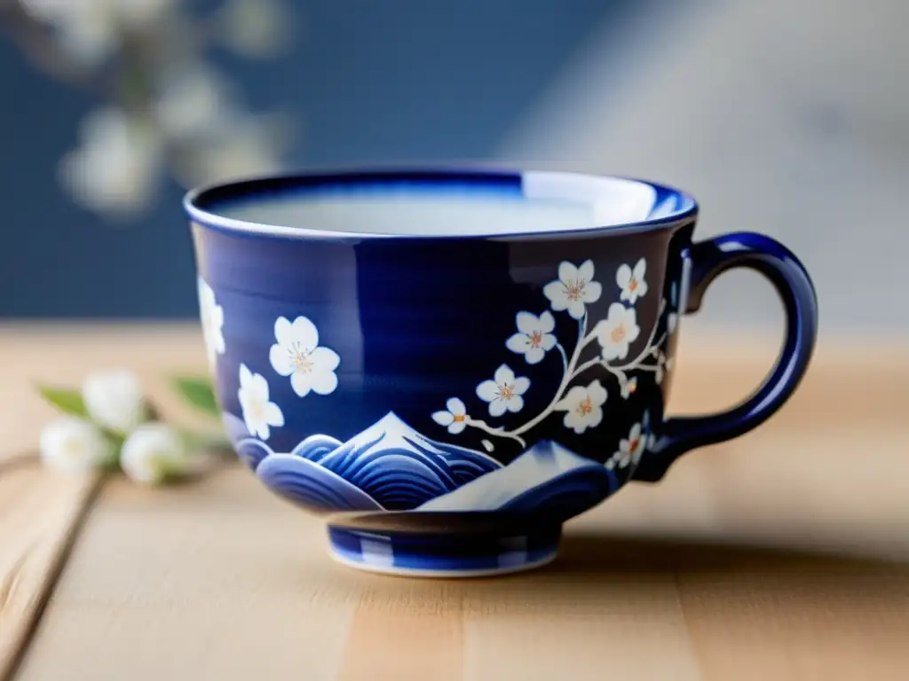 Una taza de té japonesa tradicional muestra un paisaje sereno en azul cobalto y blanco, con significado cultural en la cerámica japonesa