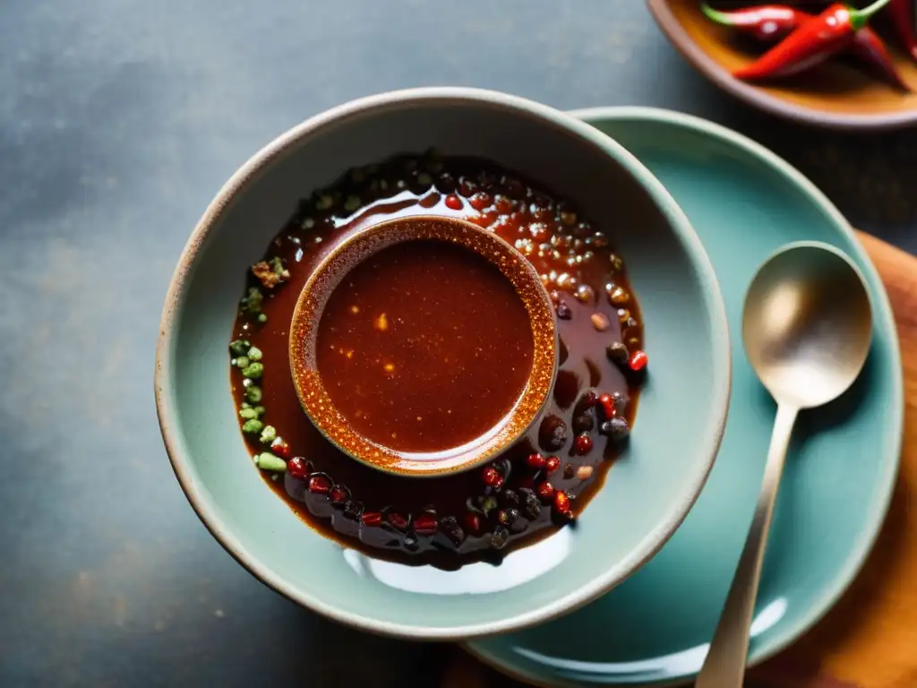 Un tazón vintage de cerámica con adobo rojo vibrante, emanando la magia de adobos y marinados globales