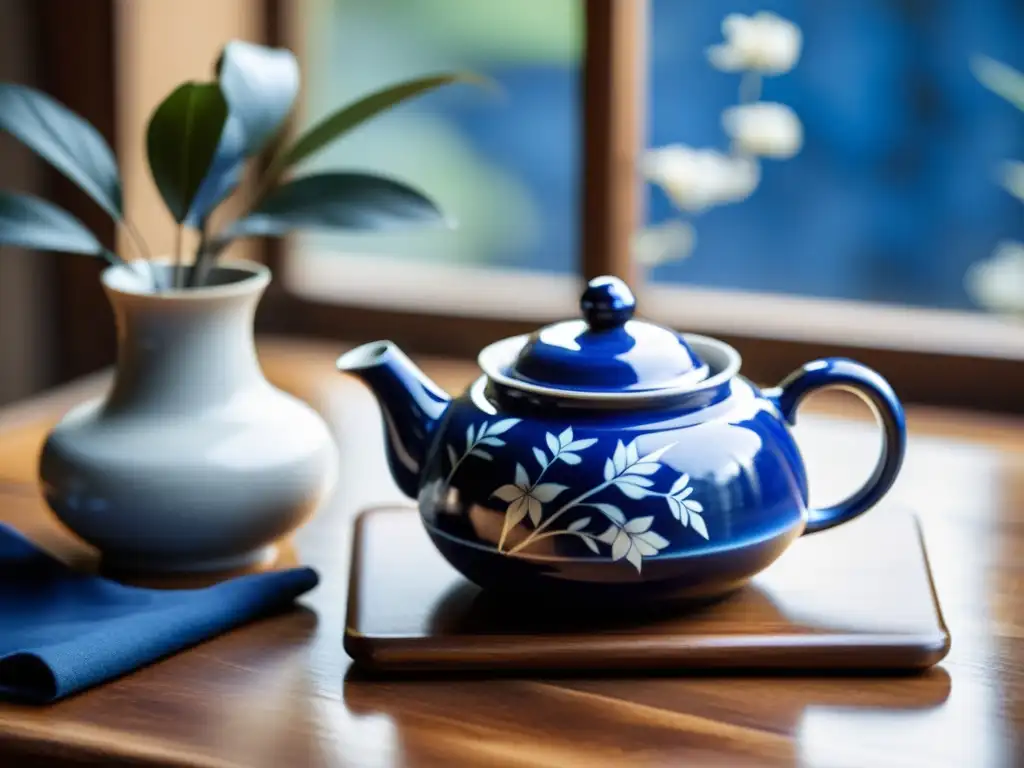 Una teapot de cerámica china, adornada con patrones florales en azul cobalto y blanco, rodeada de hojas de té y un pincel de caligrafía vintage