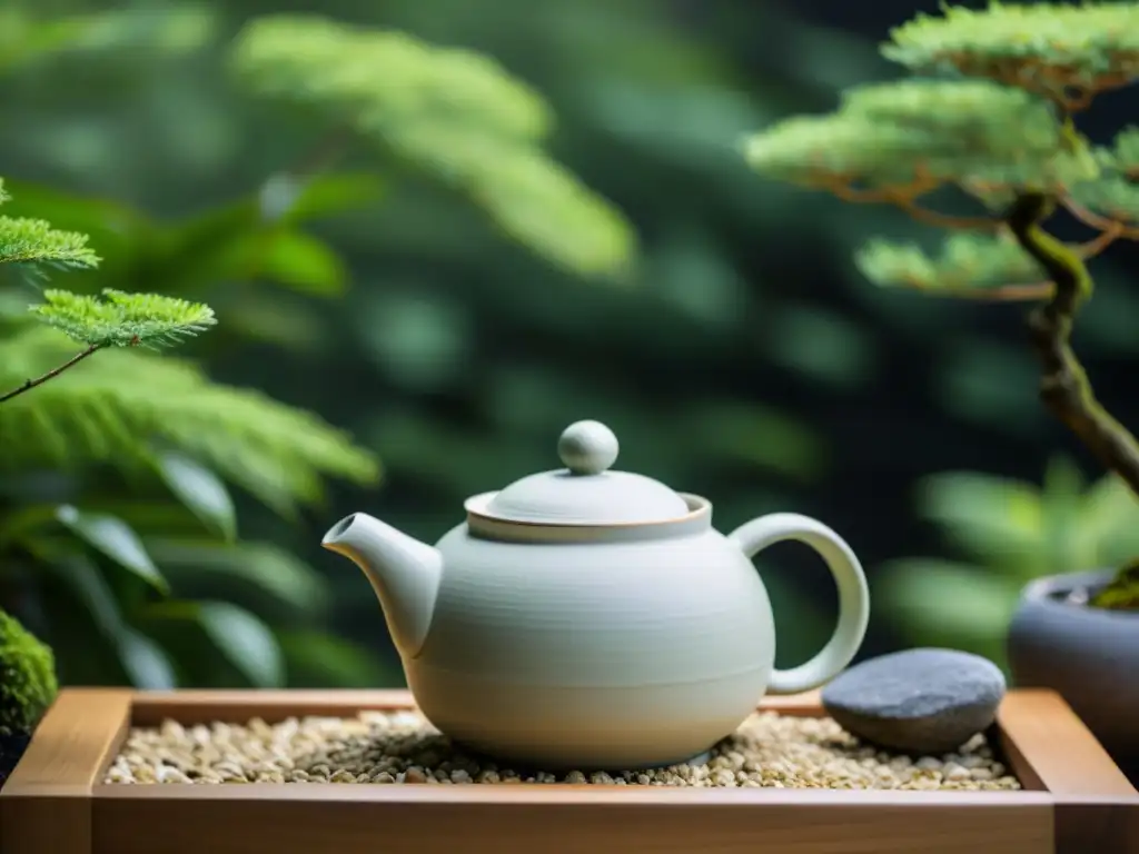 Teapot de cerámica minimalista en jardín zen, reflejo de la belleza del minimalismo en la cerámica contemporánea Asia