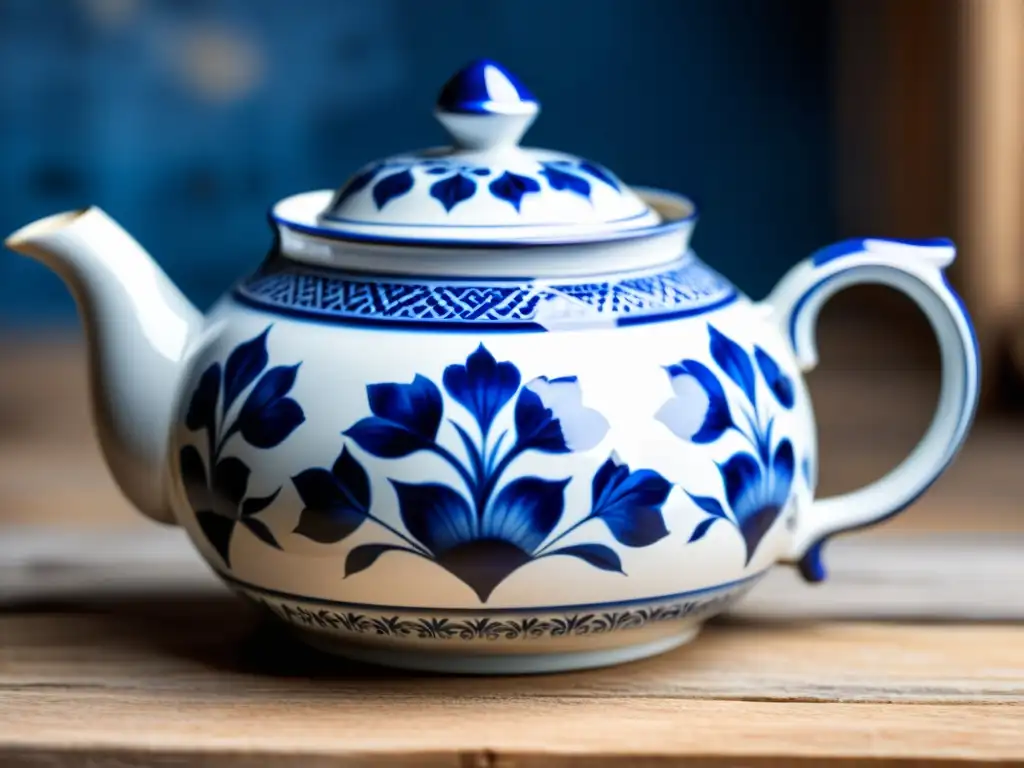 Teapot de cerámica Gzhel con patrones florales azules y blancos, sobre fondo de madera envejecida