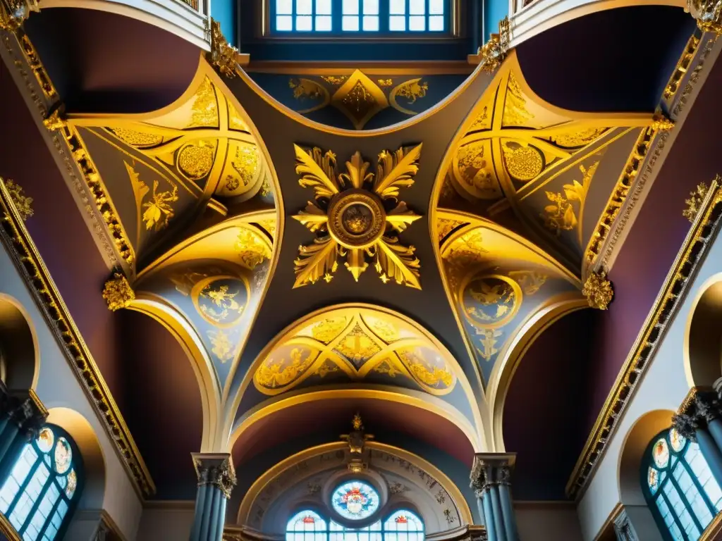 Un techo de catedral barroca detallado con patrones dorados y frescos ornamentados que evocan la opulencia del arte barroco