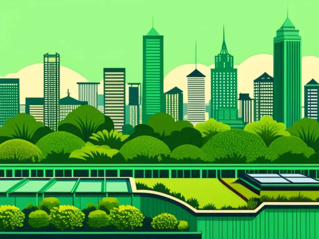 Skyline verde: Integración de diseño de techos verdes en la ciudad Una ilustración vintage de techos verdes en la ciudad, destacando patrones de diseño para techos verdes con detalles naturales y sostenibles