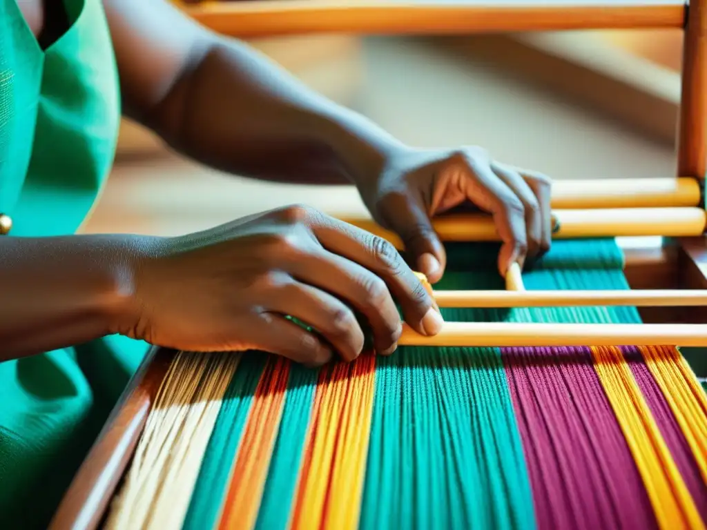 Un tejedor africano crea con destreza un tejido ceremonial multicolor, evocando el significado ritual de los tejidos en ceremonias africanas