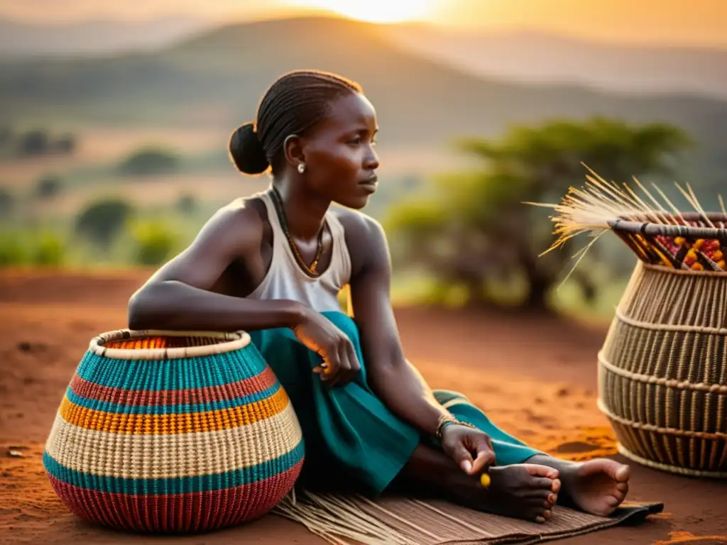 Un tejedor de cestas Tutsi en la cálida luz del atardecer, mostrando el resurgimiento del tejido de cestas Tutsi con destreza y tradición