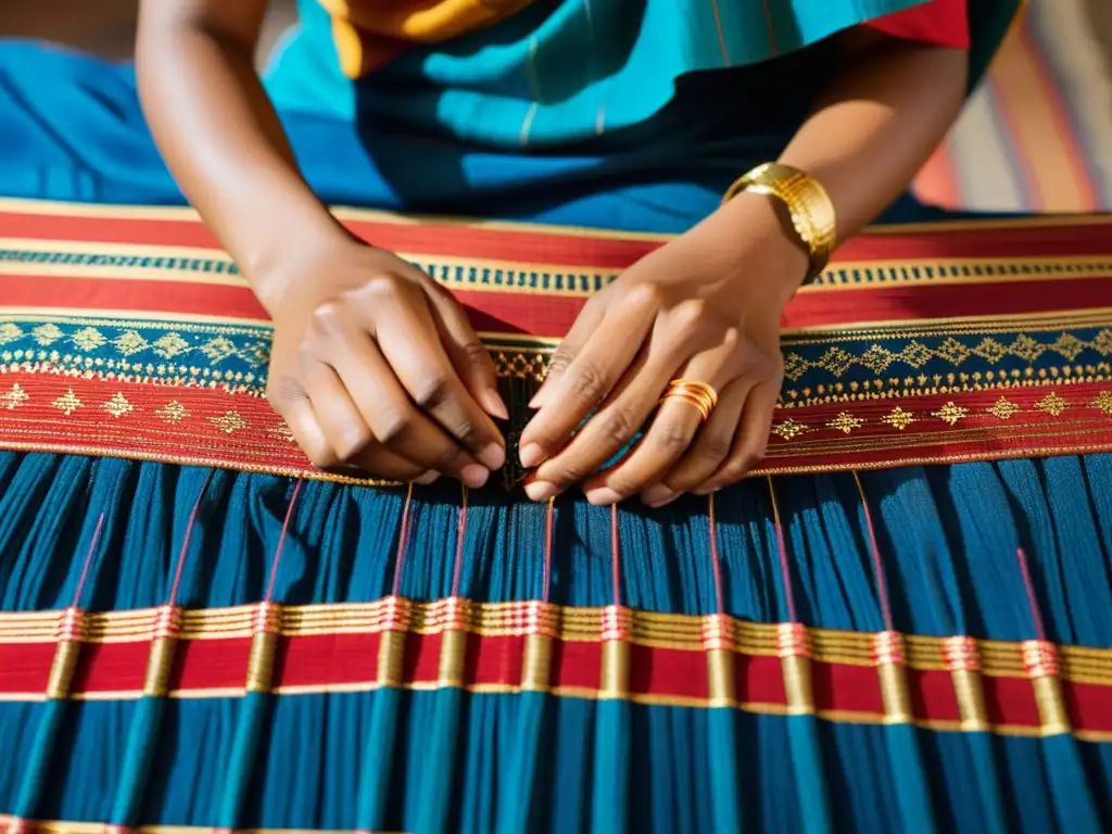 Un tejedor gujaratí crea un diseño de doble ikat con hilos rojos, azules y dorados en un telar, evocando la artesanía del Doble Ikat en Gujarat