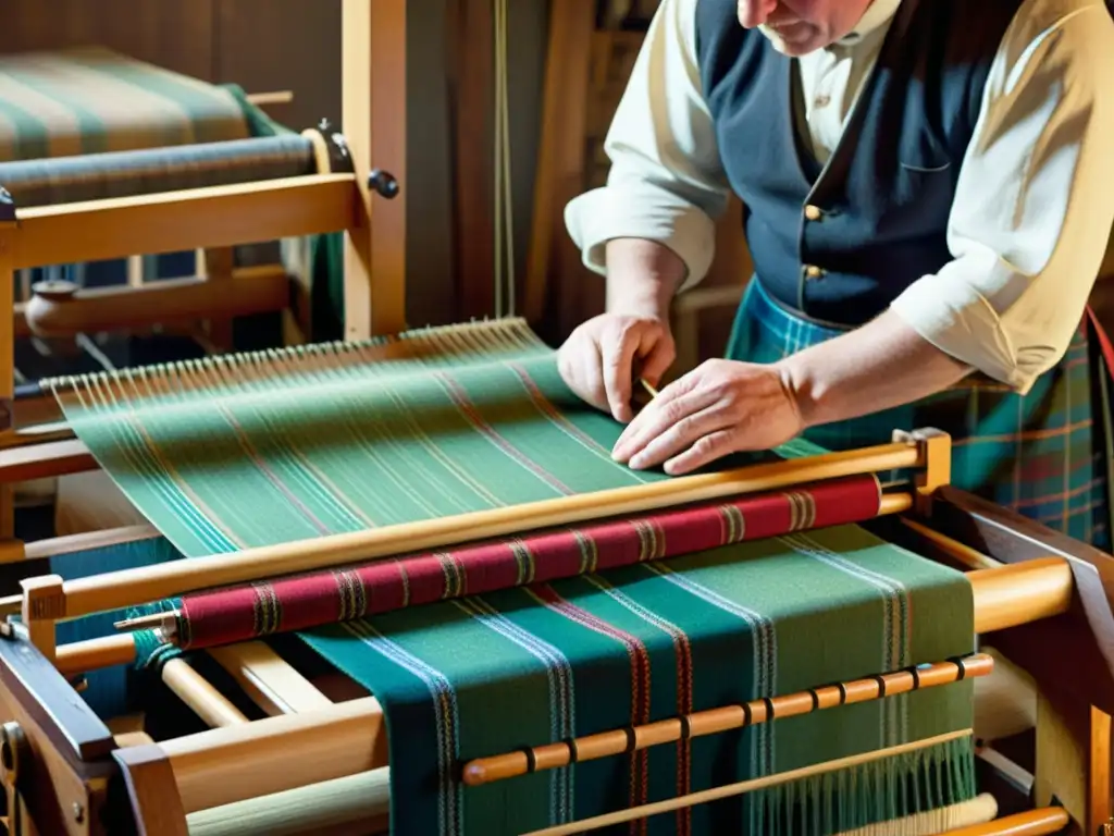 Un tejedor escocés crea con esmero un patrón de tartán en su telar de madera, evocando tradición y significado patrones tartán escocés