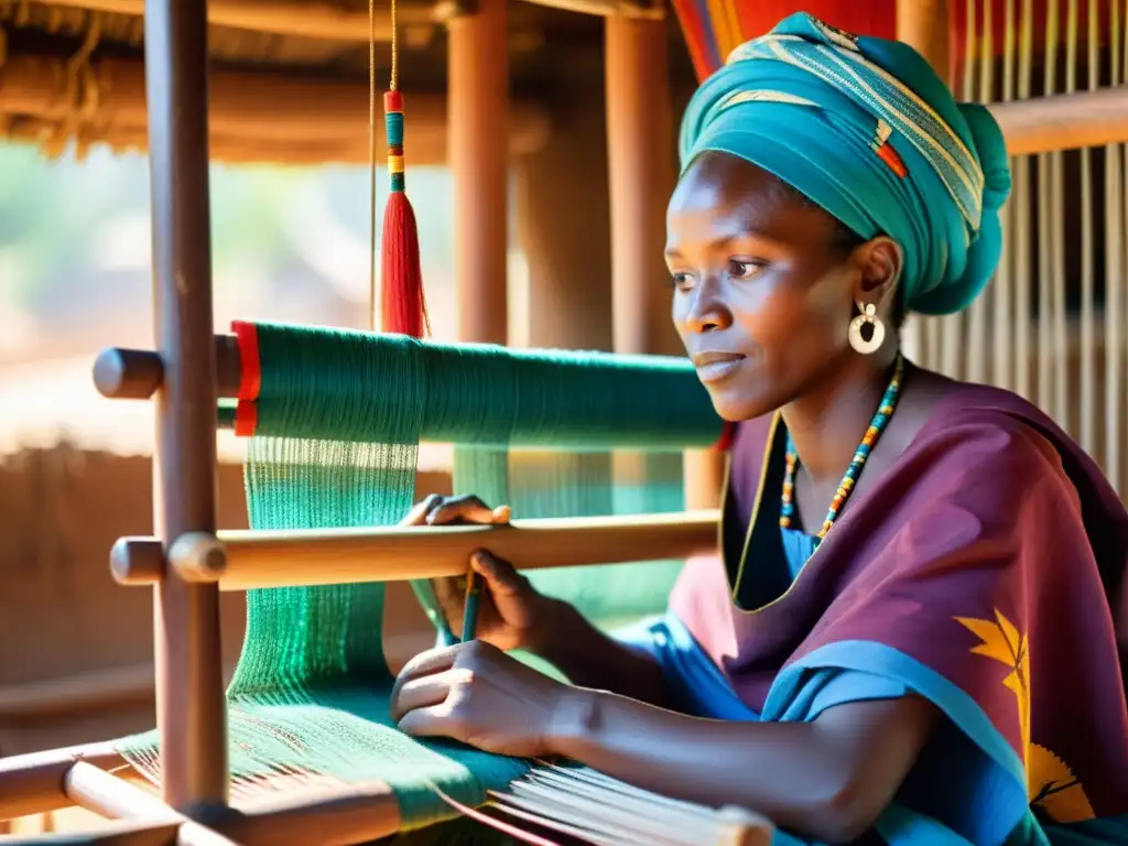 Un tejedor Fulani crea hermosos tejidos africanos en un telar tradicional rodeado de colores vibrantes y cálida luz solar