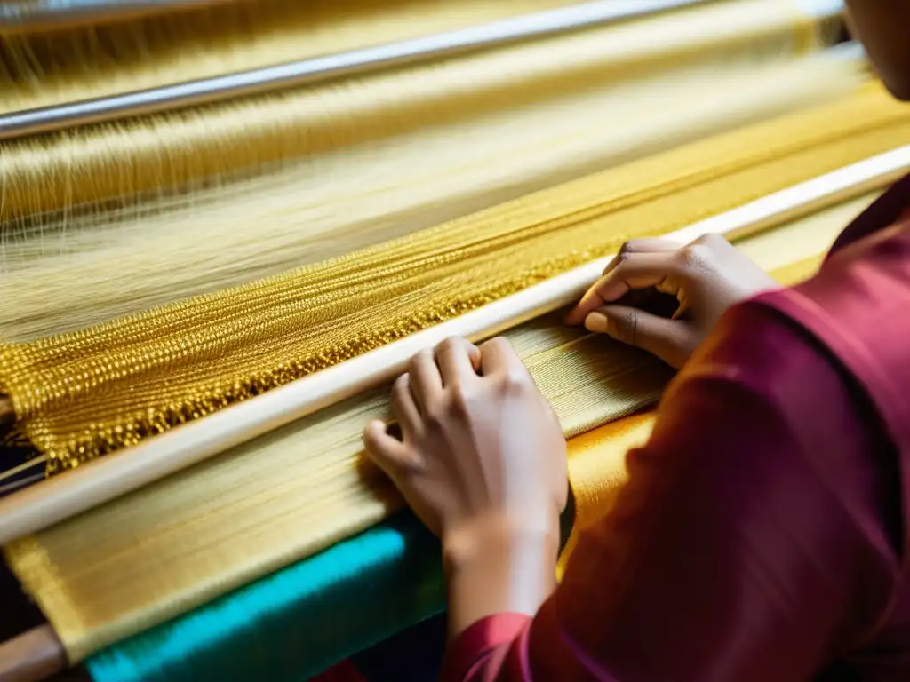 Un tejedor indio crea a mano una exquisita tela de seda Tussar dorada, mostrando la herencia cultural del Tussar silk en India