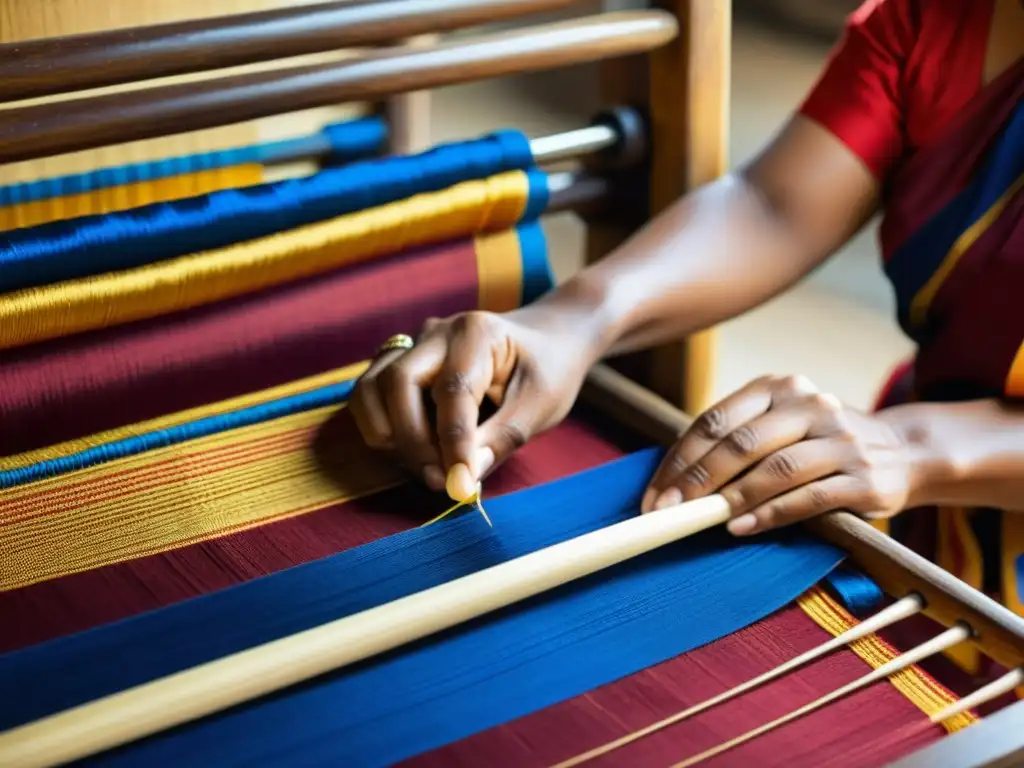 Un tejedor de seda de Assam crea con destreza textiles de seda en un telar de madera, iluminado por la suave luz natural