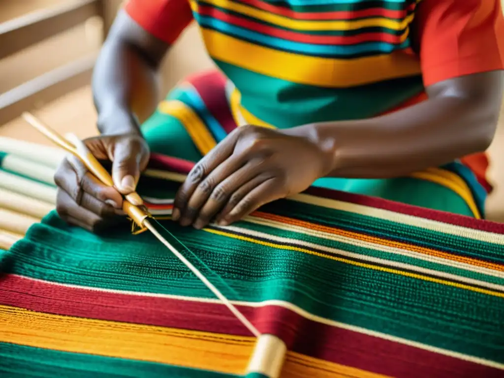 Un tejedor Igbo en Nigeria crea meticulosamente un textil Akwete tradicional, preservando patrones con hilos vibrantes