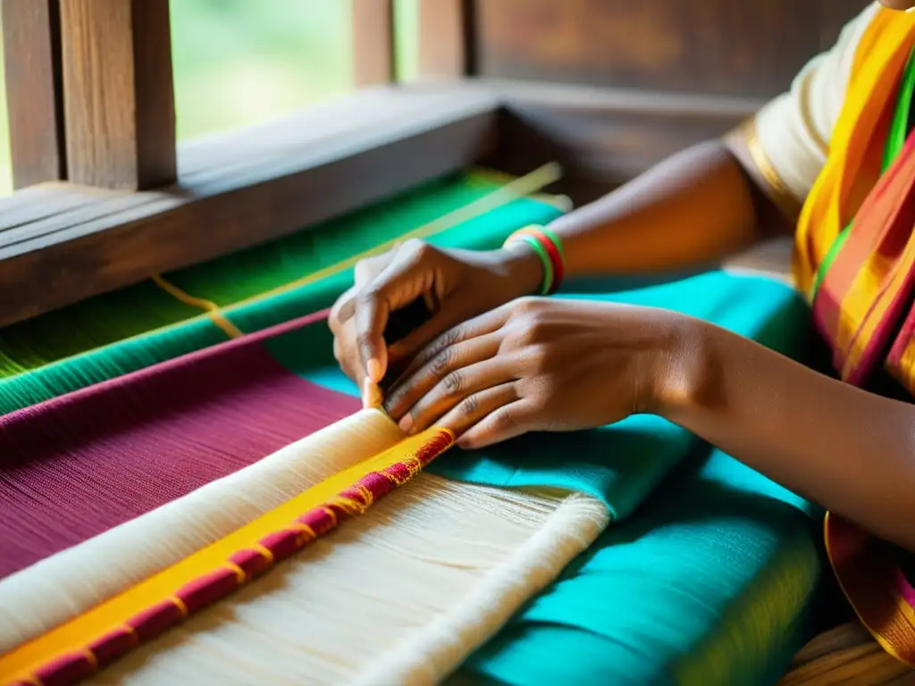 Un tejedor tradicional de Assam crea un hermoso textil de seda en un telar de madera vintage, rodeado de hilos de seda coloridos