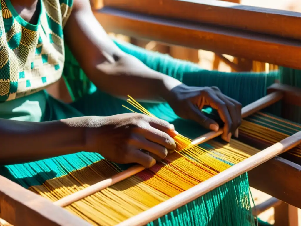 Un tejedor tradicional de Burkina Faso crea un patrón ornamental con hilos vibrantes en un telar de madera, iluminado por luz dorada