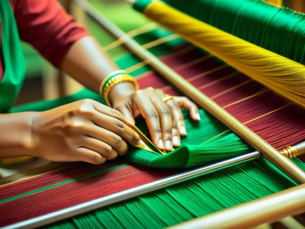 Un tejedor tradicional de Assam trabaja en un telar, creando textiles de seda con hilos vibrantes en tonos de oro, carmesí y esmeralda