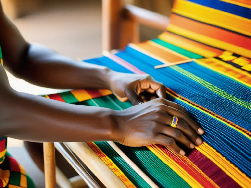 Un tejedor tradicional de Ghana crea un vibrante tejido Kente en un telar de madera