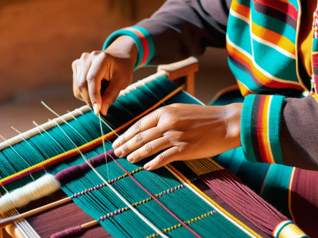 Una tejedora Quechua experta teje patrones en un antiguo telar de cintura con hilos teñidos naturalmente, fusionando tradición y modernidad