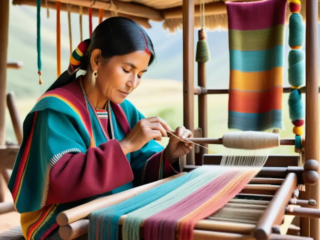 Una tejedora quechua hábil crea tejidos quechuas adaptados a la modernidad en un telar vintage con hilos vibrantes y patrones andinos tradicionales