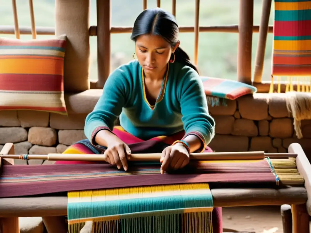 Tejedora quechua en telar tradicional rodeada de coloridos hilos naturales, adaptando tejidos quechuas a la modernidad