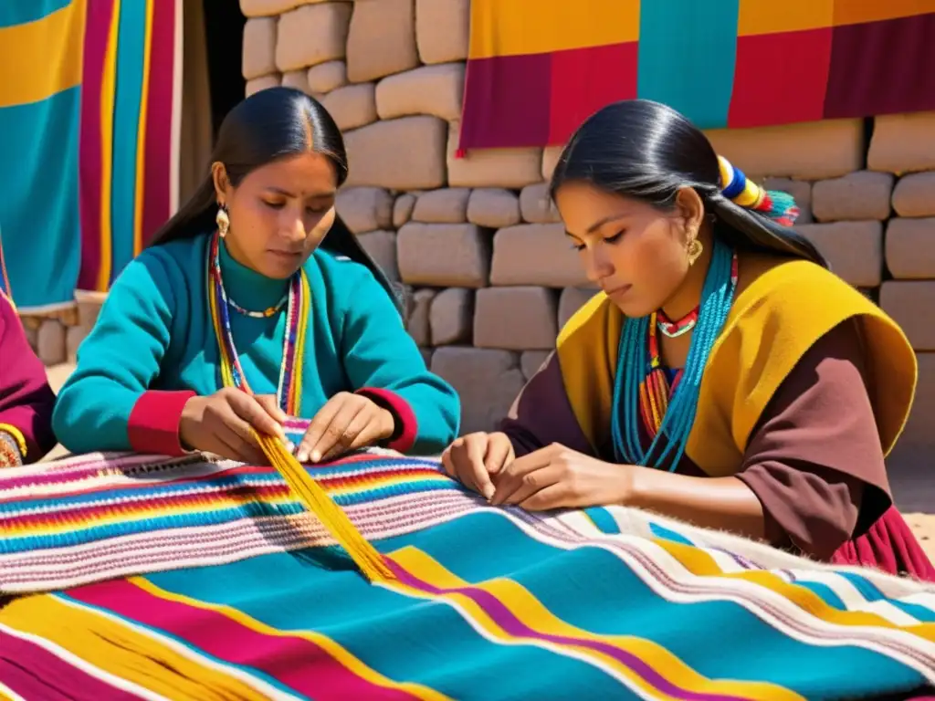 Tejedoras andinas creando patrones textiles festival Inti Raymi con destreza, en un ambiente festivo y lleno de color