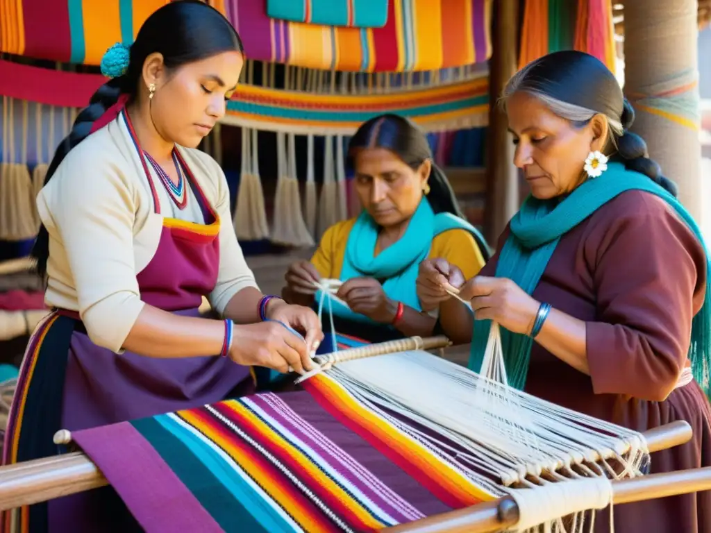 Tejedoras indígenas crean textiles en un bullicioso mercado latinoamericano, rodeadas de coloridos hilos